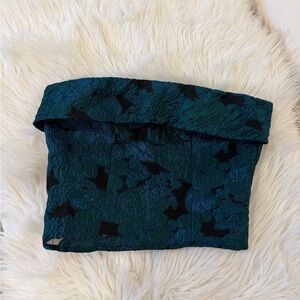Lulus NWT Baroque Strapless Crop Top in Teal Black Floral